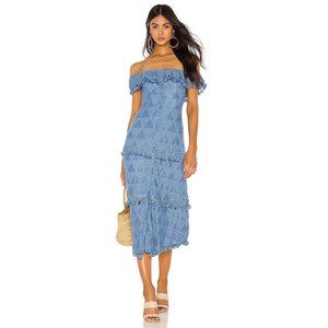 Tularosa Slate Blue Monica Midi Dress Off Shoulder Button Front Size XS Tassels